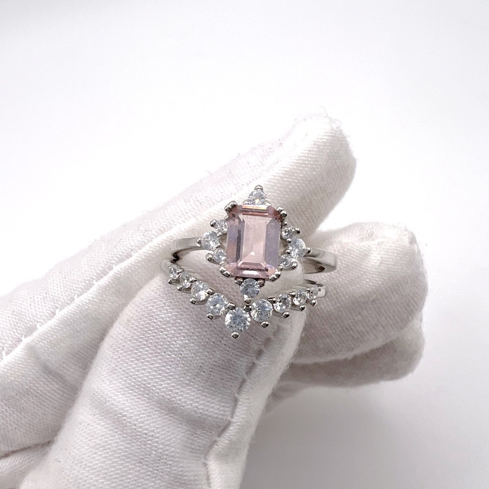 .925 Sterling Silver Light Morganite Cz & Clear Cz 2 PC Ring Set - Picture 4 of 17